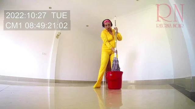 Naked maid cleans office space. Maid without panties. Hall 1