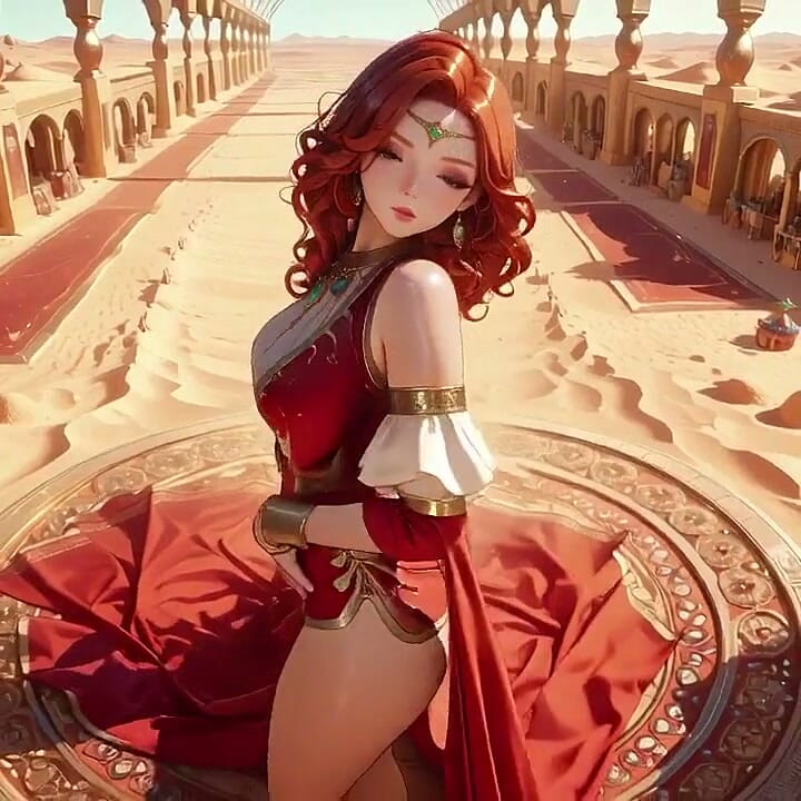 Lazy Seduction in the Desert Palace, Green and Red Tight Bodysuit Hugging Her Curves.