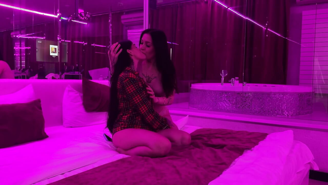 Hot compilation of orgasms and kisses of two hot brunettes