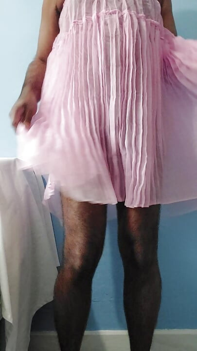 It feels so horny when masterbating in this silk seethrough fleard pleated chiffon pink skirt
