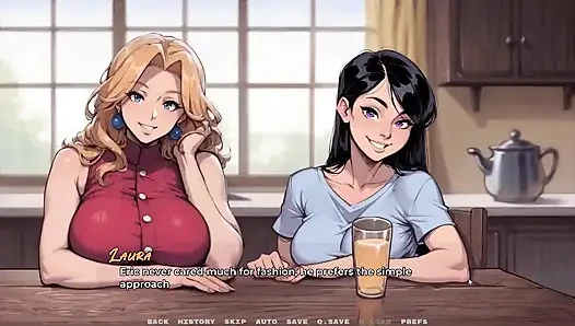 Моя новая девушка, табуированная хентай-игра, эпизод 48. Удивлённая отчимом на кухне с мачехой и девушкой!
