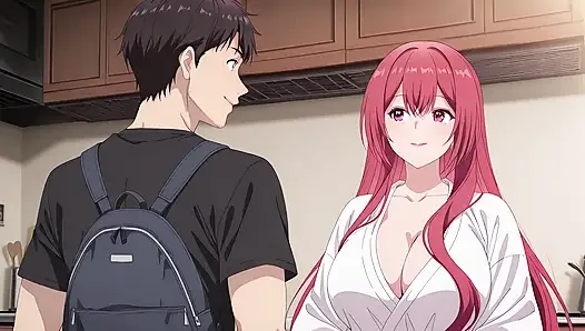 Üvey oğul eve erken geldi ve üvey babasının karısını küçük bir bornozla yemek pişirirken yakaladı. Kureha Enomoto Hentai Cosplay