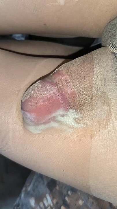 Intense Cumshot in the Shiny Nude Pantyhose That I Stole