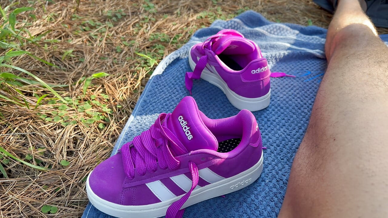 Fucking and cumming outdoors in the park with the wife's new pink Adidas sneaker. First cumshot on him