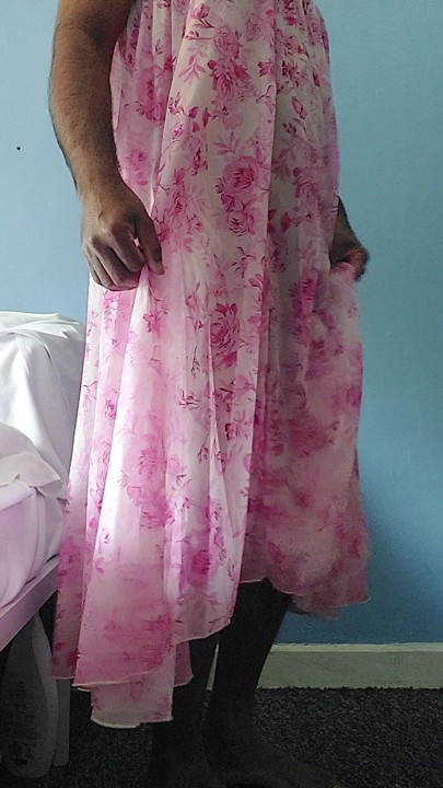Shemale in a Silky seethrough floral fleared chiffon skirt