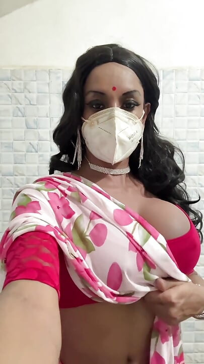 Crossdresser in Pink Saree Big Boobs