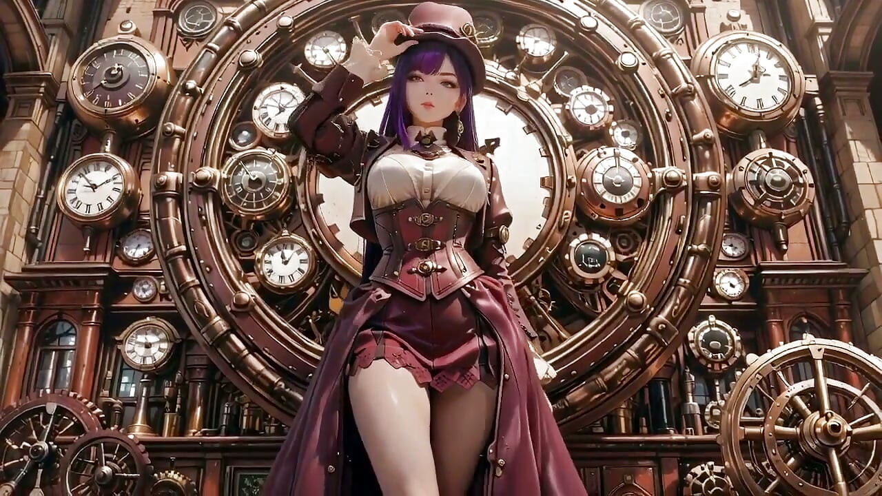 Steam-punk Stunner in White! Kneeling Under Giant Gears