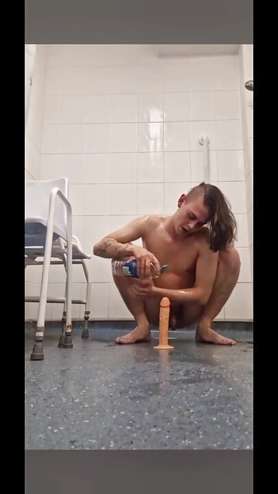 1hr real homemade amateur solo British teen risky public bathroom and shower room oiled up extreme brutal dildo anal fuck