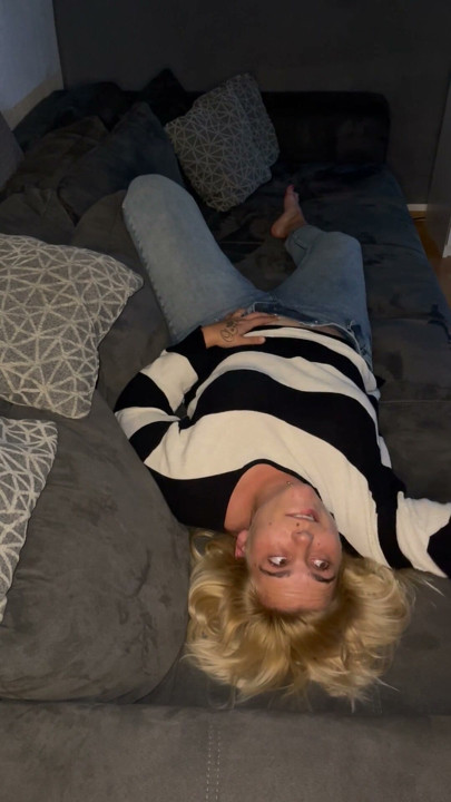 Bonie and Clyde masturbation blonde solo sexy horny wet trembling twitch moaning multiple orgasms couch jeans satisfyer | Clip 1