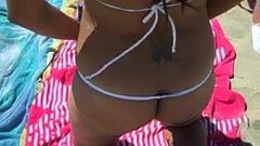 Latina In G-String Bends Over In NON-Nude Public Beach!