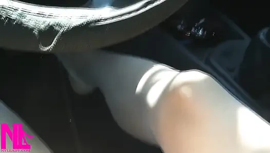 Revving and Crazy Pedal Pumping in White Stockings and White High Peeptoed Heeled Sandals