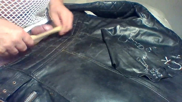 PISS AND CUM ON VINTAGE LEATHER BIKER JACKET FUCKING THONGS