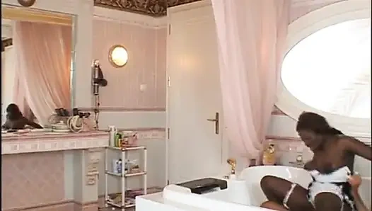 Black maid pussy fucking big cock sucking in the bathroom...cum in mouth