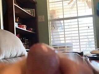 Chubby bear strokes cock and shoots cum – close-up