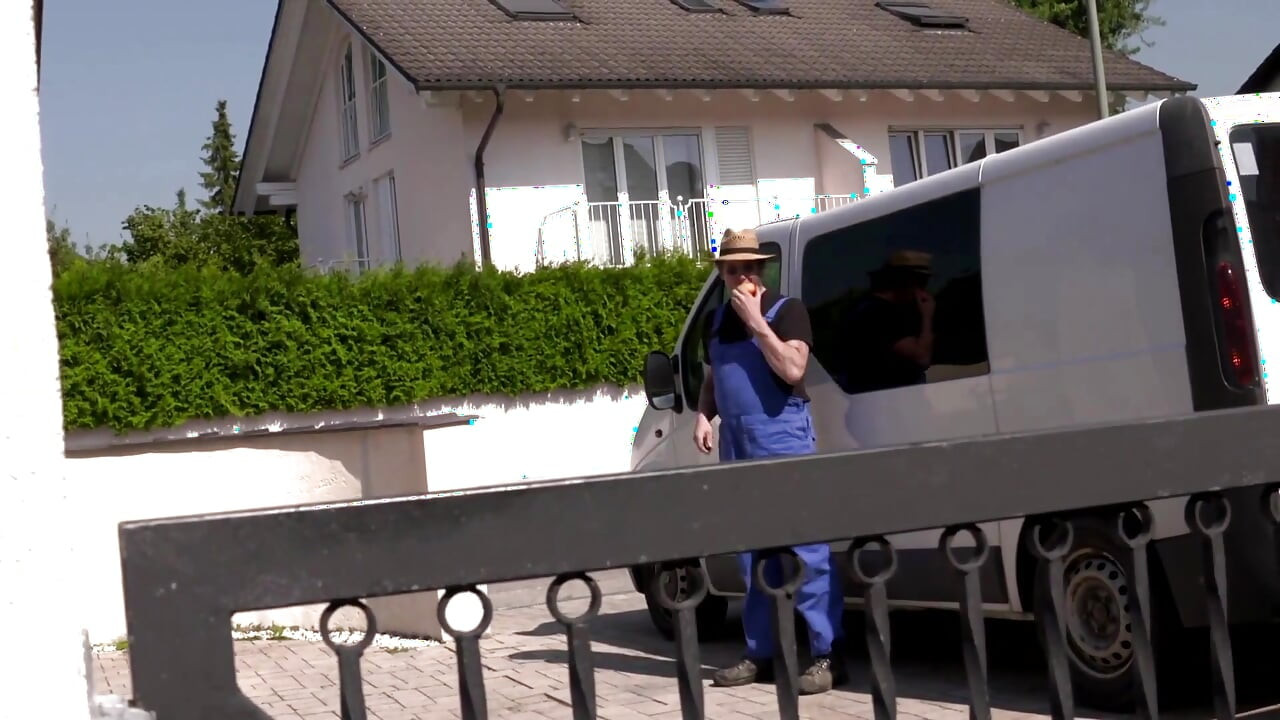 Sexy blonde with nice pussy gets fucked by the car in the garage