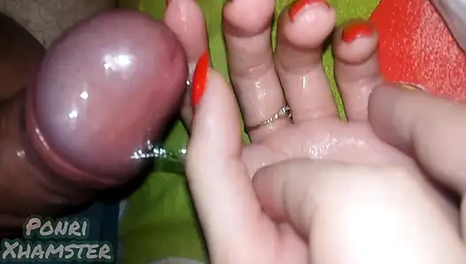 My stepsister's hand is covered in precum and then thick cum
