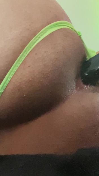 Green thong and dildo fun