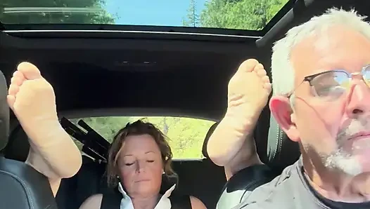 Wife Toys Her Pussy in the Back Seat While Daddy Drives, Road Trip