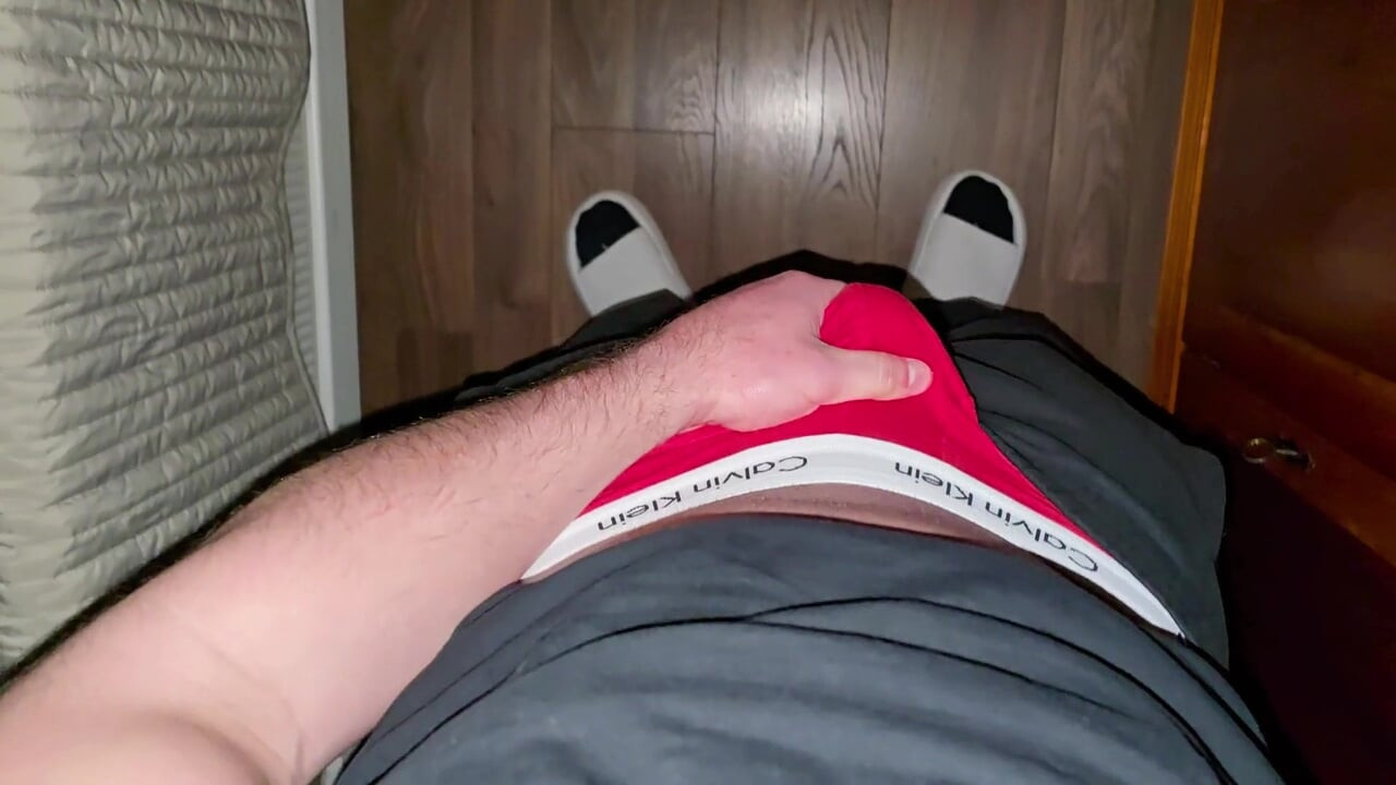 German voice growls deep.. red boxer stuffed.. cock hard out.. stroking starts