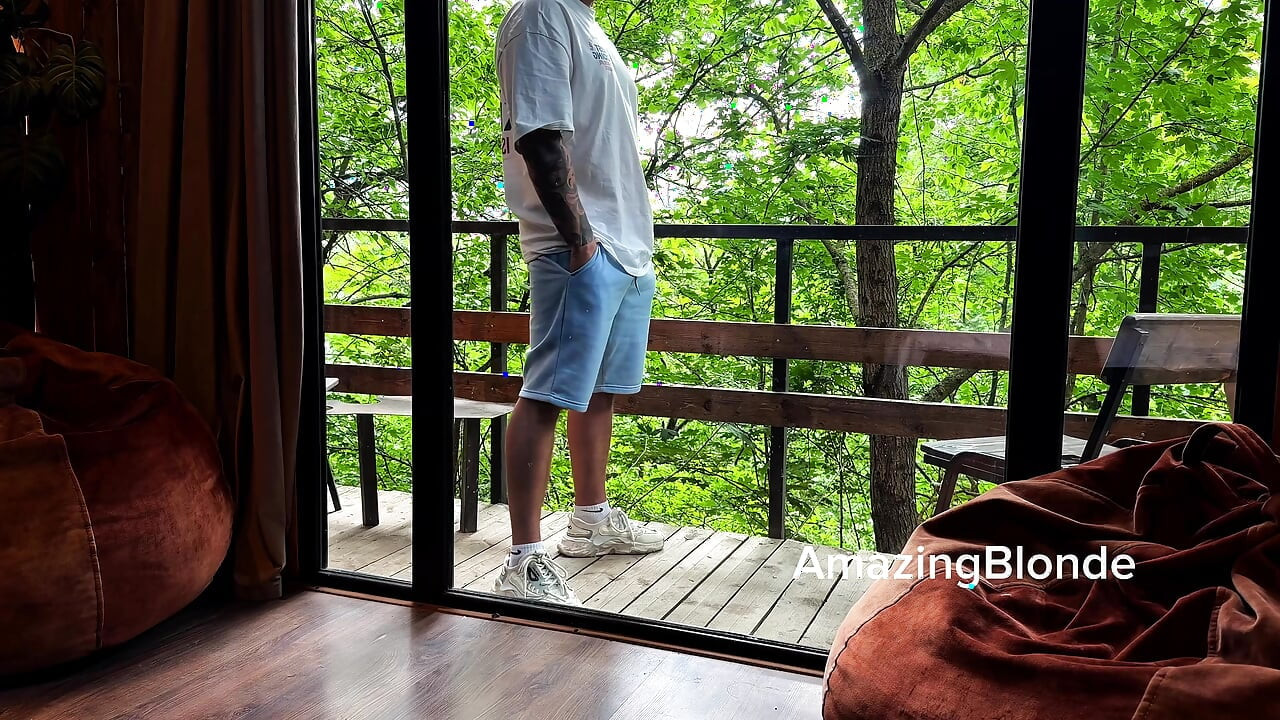 Luxury hotel, wild forest and juicy blowjob by the glass