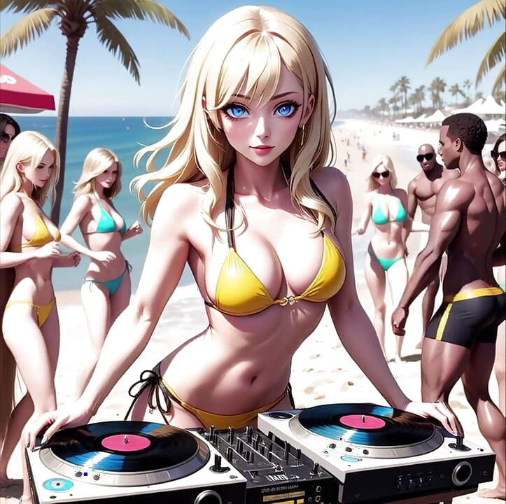 Anime szexi DJ a tengerparton Synthwave Retrowave