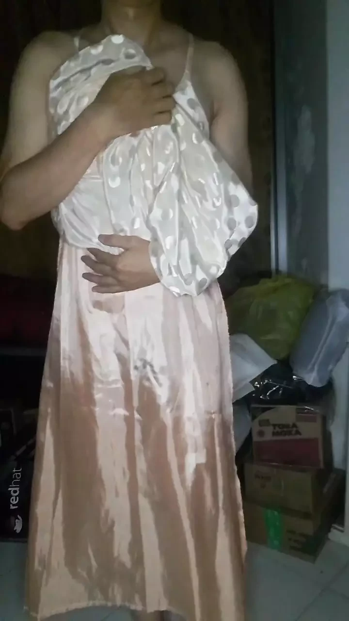Fetish melancap crossdresser satin long gown polkadot