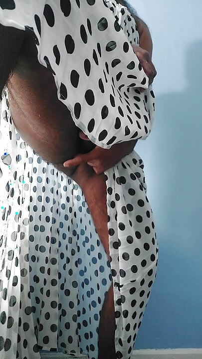 I'm masterbating wearing a Silk Seethrough chiffon black and white polka dots pleated Skirt