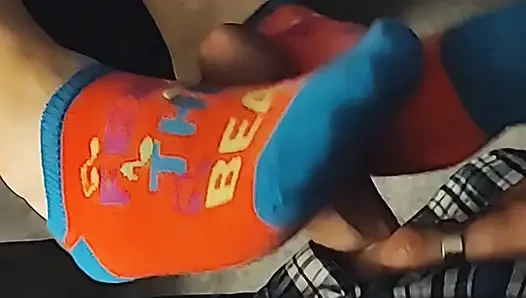 Hot Little Footjob - Pink & Blue Ankle Socks Sockjob - Cum On Socks