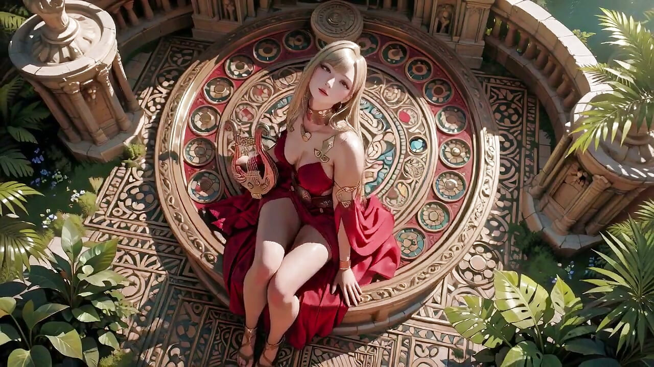 Blonde Queen in Red! Sitting by the Fountain, Adjusting Her Slit Dress. Eyes Locked on You.