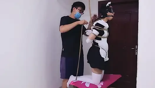 Whh02 - a Chinese Girl Wearing White Stockings and Blindfolded, Bound by Ropes Vibrates to Orgasm
