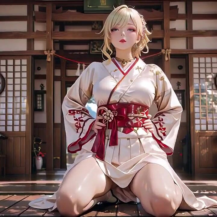Blonde Kimono Girl! Forbidden Contrast From Shrine to Pure White Bed, Half-unbuttoned, Fingertips Trembling