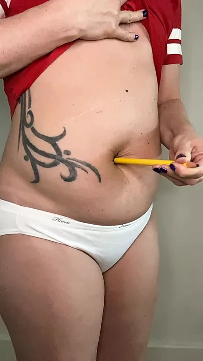 FTM hairy fucks big hairy belly button with a pencil.