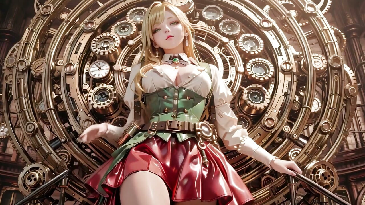 ¡Secretaria rubia steampunk! Poses perezosas entre engranajes gigantes, ajustándose las gafas con mirada provocadora.