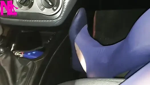 Dangling in Blue Pantyhose and Blue Flats on a Gas Station