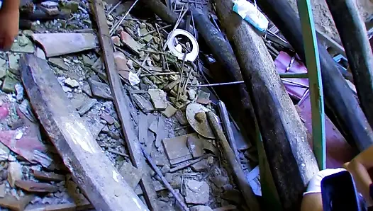 Sexy young slut with big boobs slammed in a ruined house