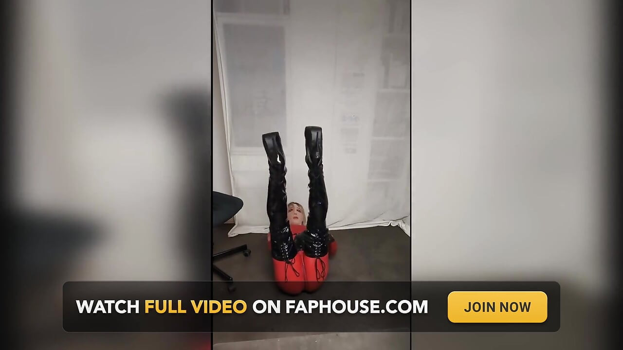 Red Latex Catsuit, Blonde in Overknees, Dressing and Readying for Session, Gagged, Cuffed