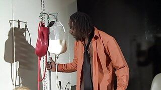 Blond submissive slut get torture in dungeon by lesbian mistress and black power man master dominus.