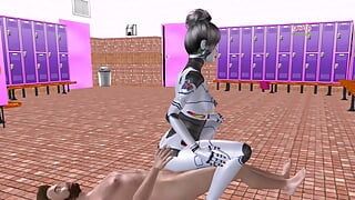 An animated porn video of a beautiful robot girl raiding a man's dick in reverse cowgirl position.