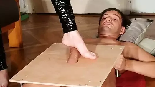 Cock stomping & slapping, bare feet by latex dominatrix pt1