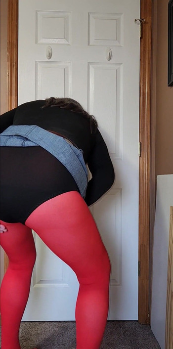 Jaw-dropping moment from "CD tease. Pantyhose, leotard, skirt. Feeling myself all over."