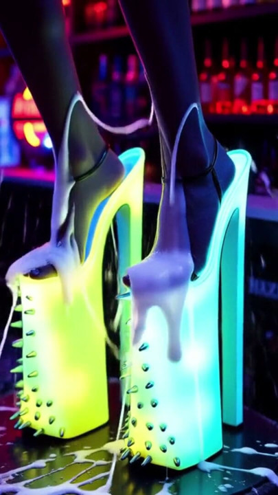 Hot high heels on a counter in a nightclub with messy cumshots on legs, feet and heels. AI-generated | Clip 1