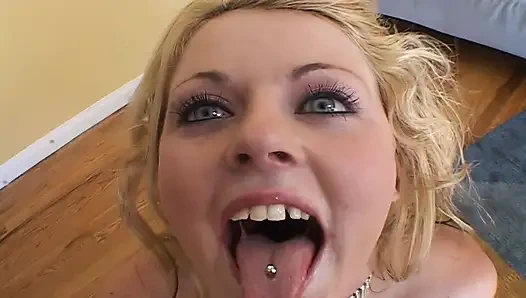 Blonde girl sucks and fucks two big black cocks to a cumshot