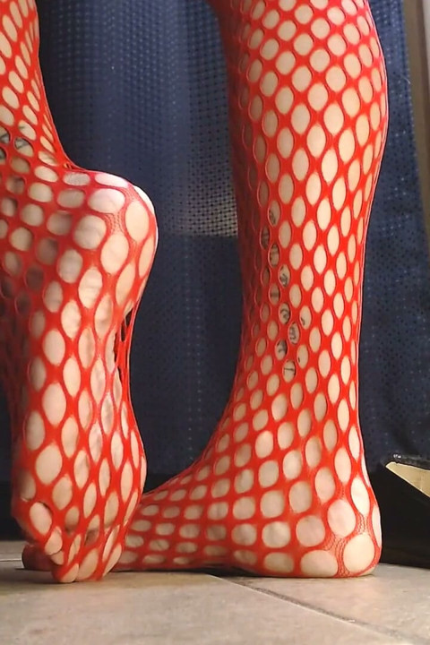 Red Fishnets Ballet Flats Shoeplay Dipping Toe Wiggling