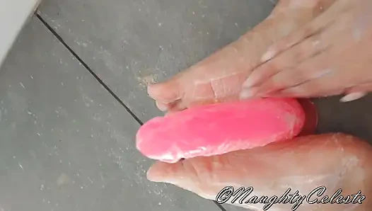 Dildo footjob in the shower with soap