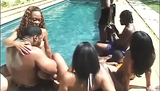 Black anal orgy in the swimming pool, on the garden