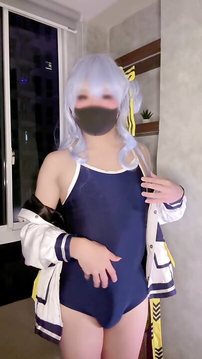femboy suisei cosplayer in school swimsuit cums with automated stroker