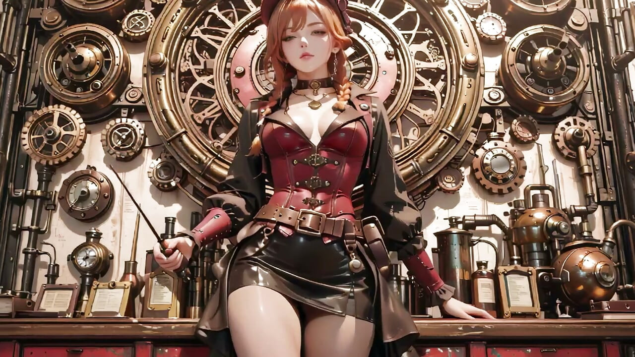 蒸汽朋克女公爵！红发机械少女在齿轮大厅里挑逗。