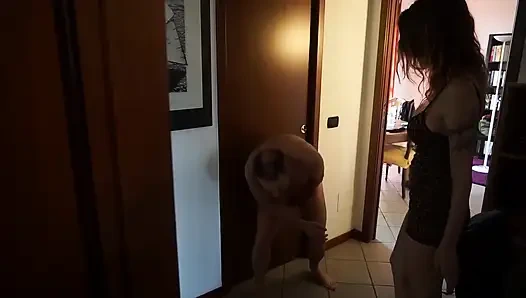 Three Sexy Babes Tease Naked Man in Bedroom Threesome