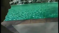 Sexy chick takes dick in cunt and ass by the pool and gets face jizzed