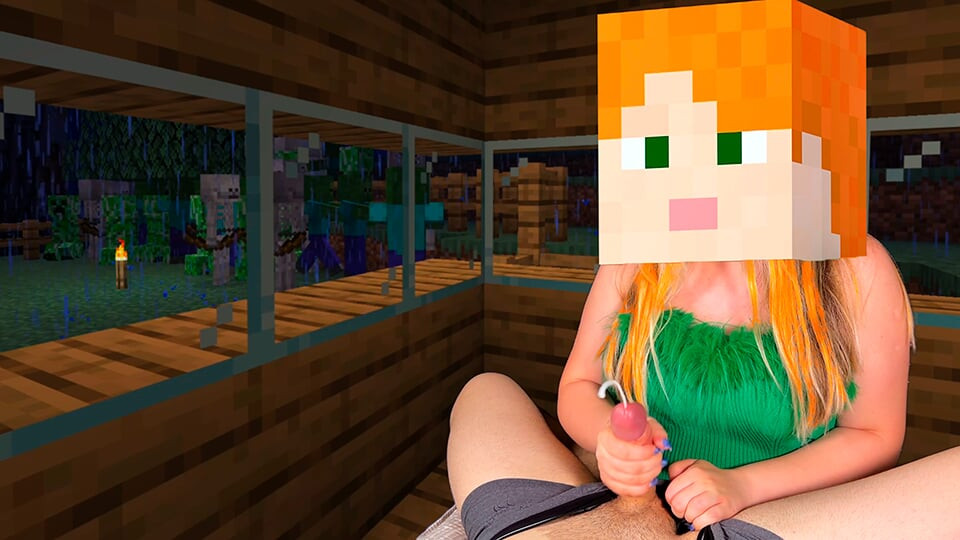 Alex panas dari Minecraft Fast melancap zakar keras Steve di rumah yang selesa, manakala Creepers dan Skeletons berkeliaran di kampung malam